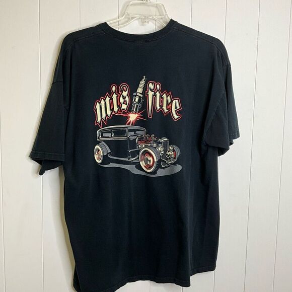 Vintage Y2K Gildan Men's 2XL Black Misfire Engine Old Car Short Sleeve T-Shirt - Picture 4 of 7